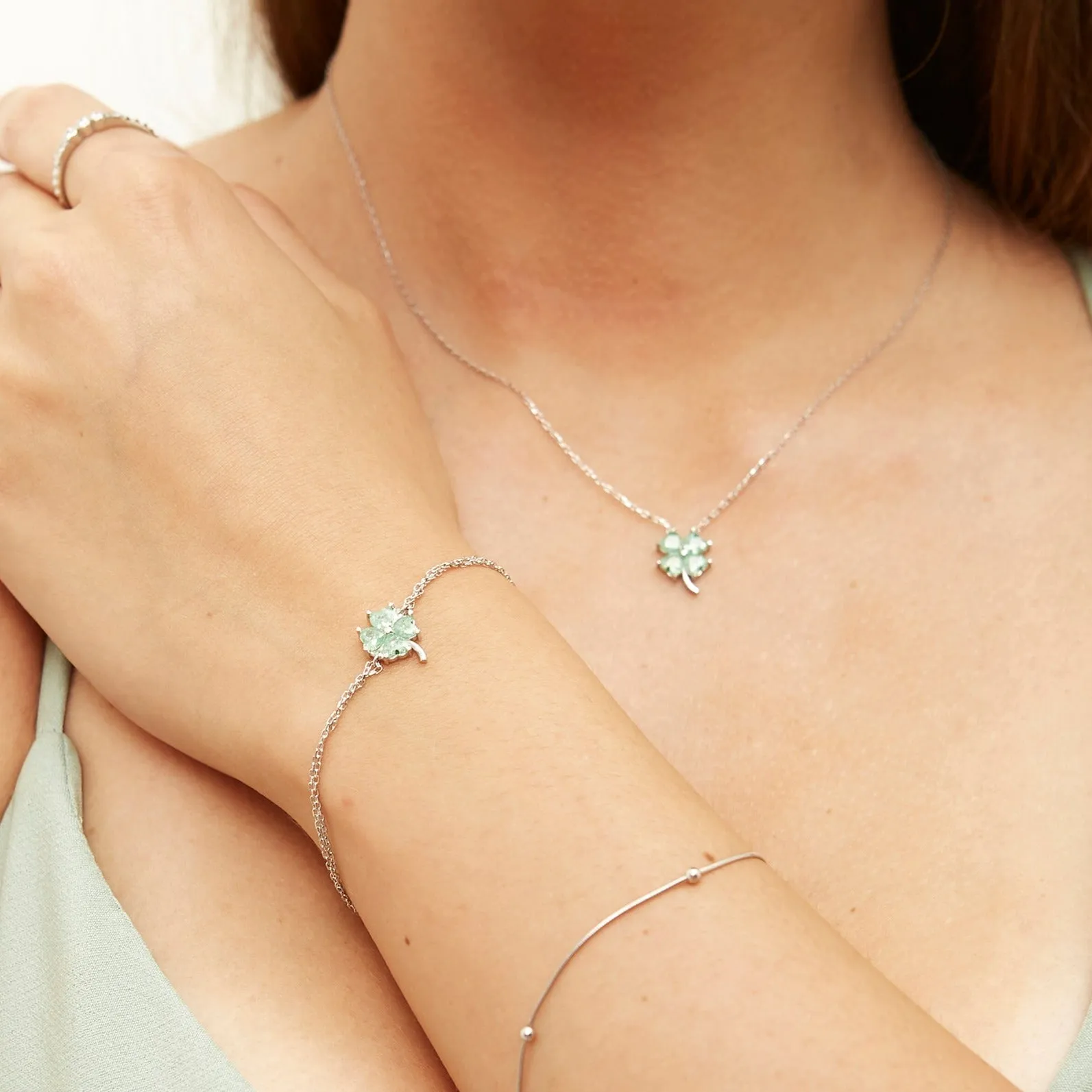 Best of Luck Four Leaves Clover Sterling Silver Bracelet Necklace Ring and Stud Earrings Full Set sold by Spero London product image thumbnail 2