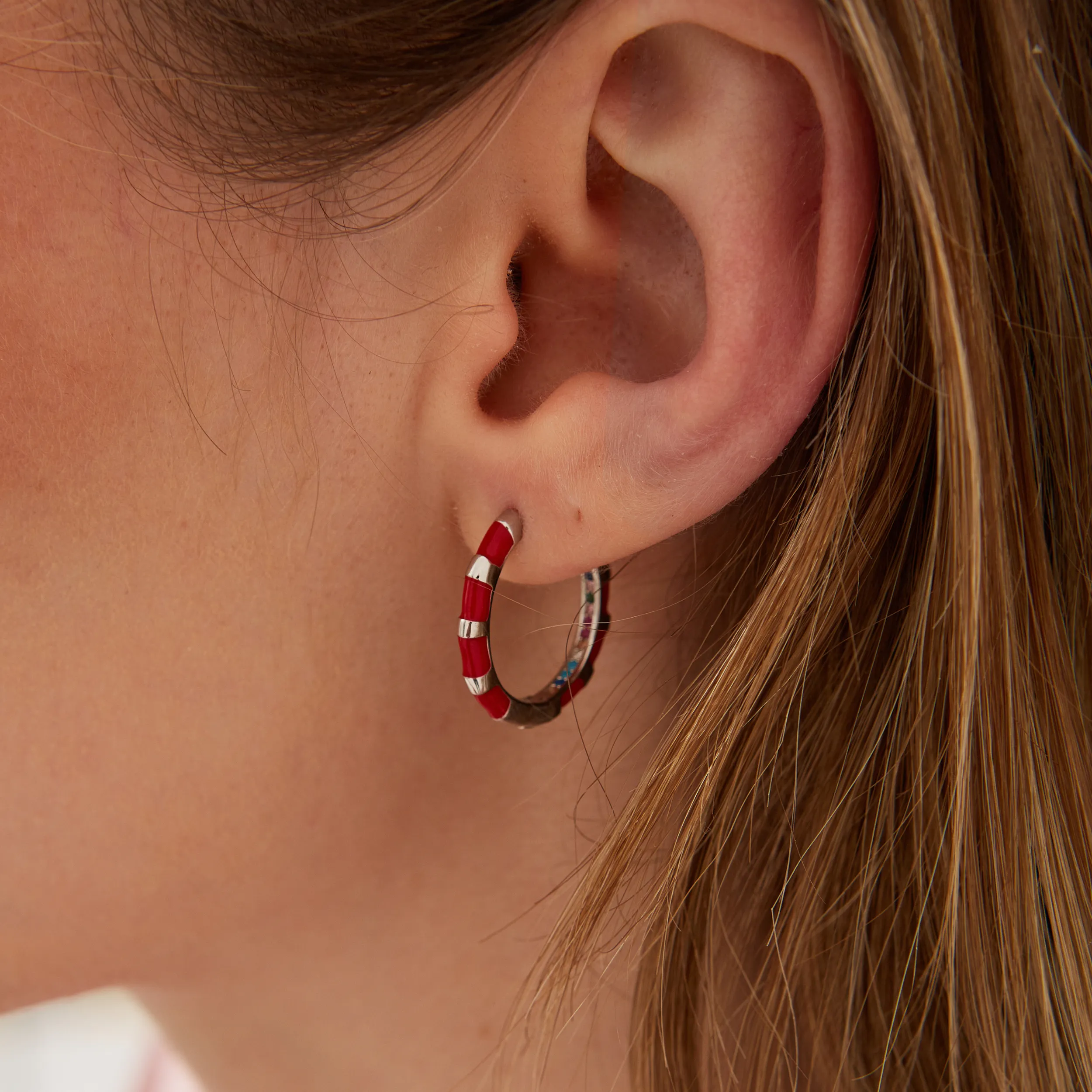 Enamel Red Fine Stripe Sterling Silver Hoop Earrings With Multi Color Zirconia Interior sold by Spero London product image thumbnail 2