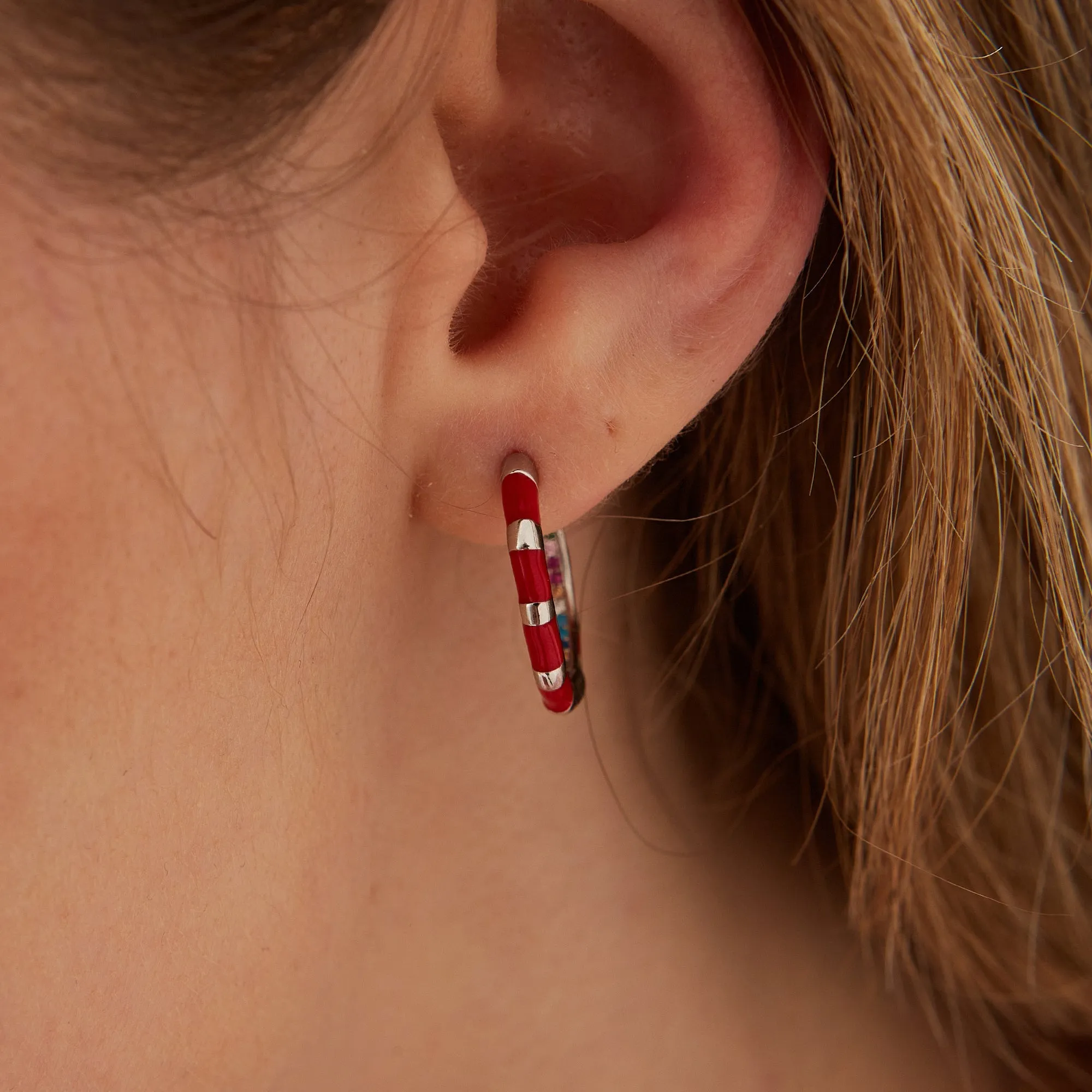 Enamel Red Fine Stripe Sterling Silver Hoop Earrings With Multi Color Zirconia Interior sold by Spero London product image thumbnail 3