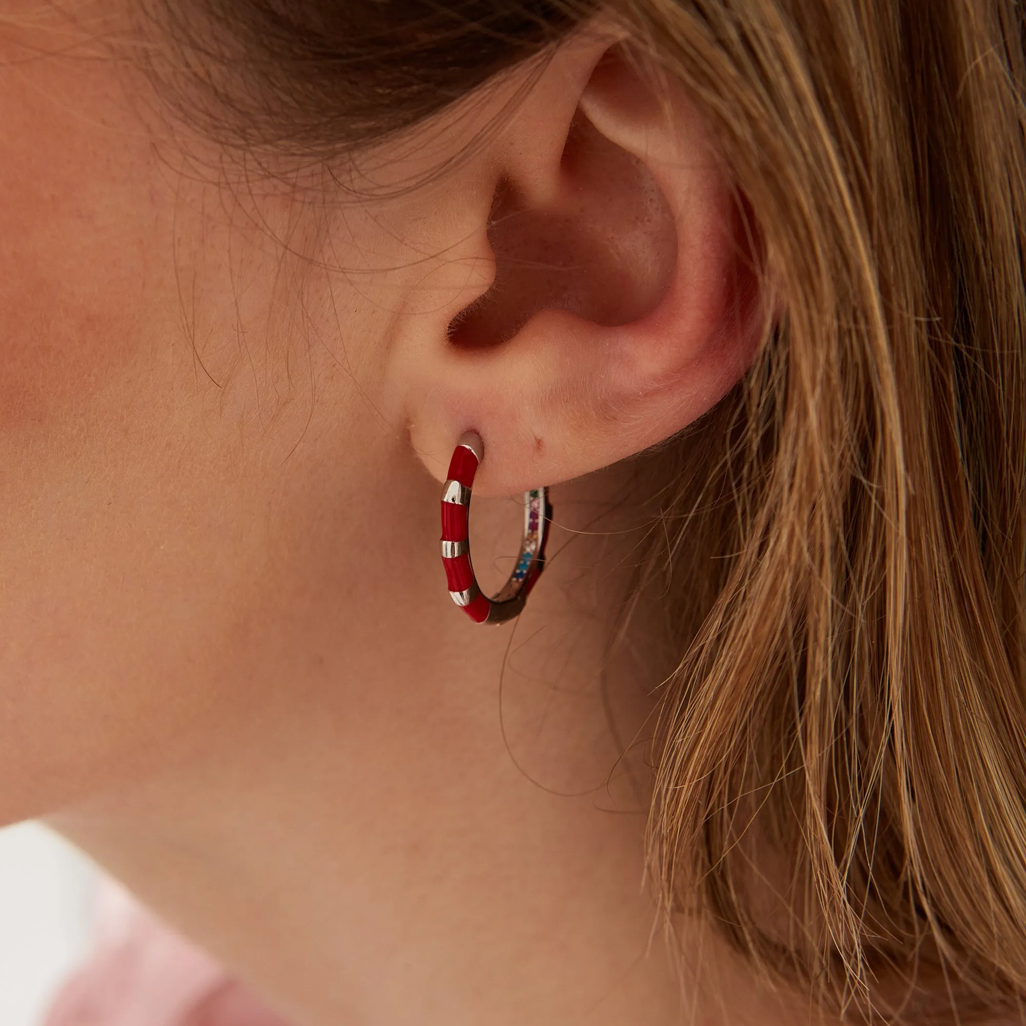 Enamel Red Fine Stripe Sterling Silver Hoop Earrings With Multi Color Zirconia Interior sold by Spero London product image thumbnail 4