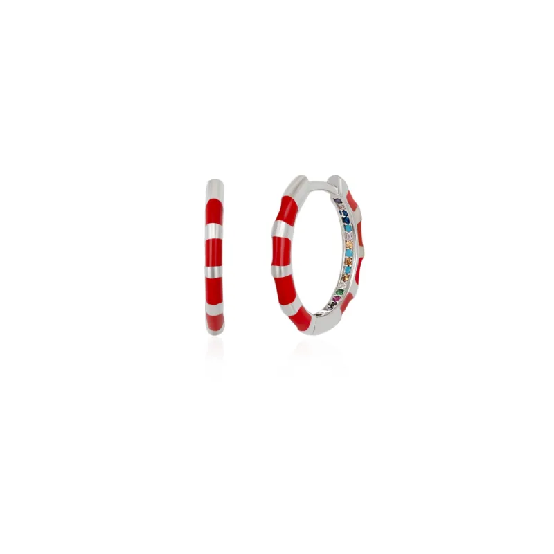 Enamel Red Fine Stripe Sterling Silver Hoop Earrings With Multi Color Zirconia Interior sold by Spero London