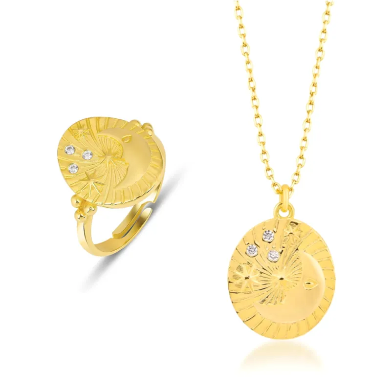 Moon Face Silhouette Sterling Silver Set Necklace and Ring sold by Spero London