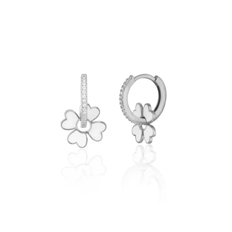 Sterling Silver Enamel Clover Earrings - White sold by Spero London