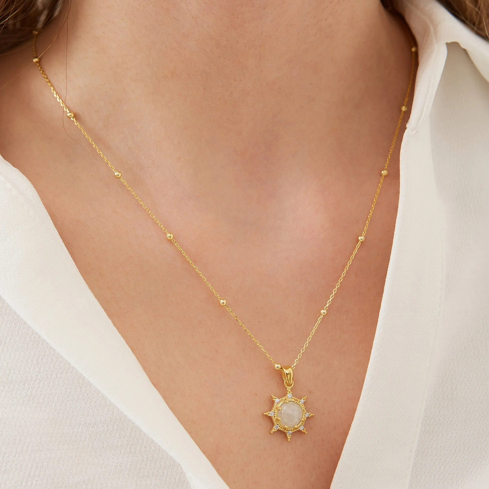 Moonstone Sun Sterling Silver Pendant Necklace With Beaded Chain sold by Spero London product image thumbnail 2