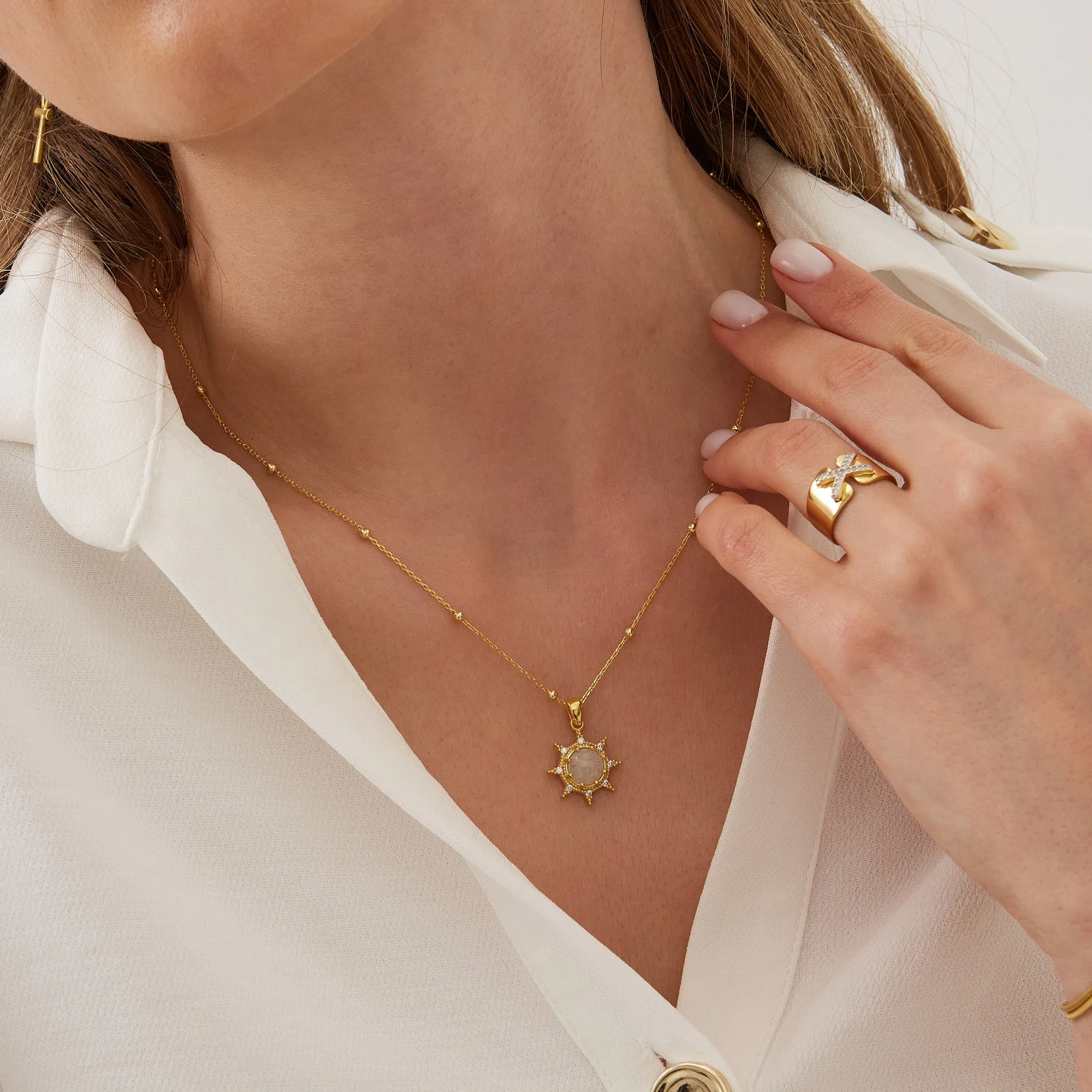 Moonstone Sun Sterling Silver Pendant Necklace With Beaded Chain sold by Spero London product image thumbnail 4