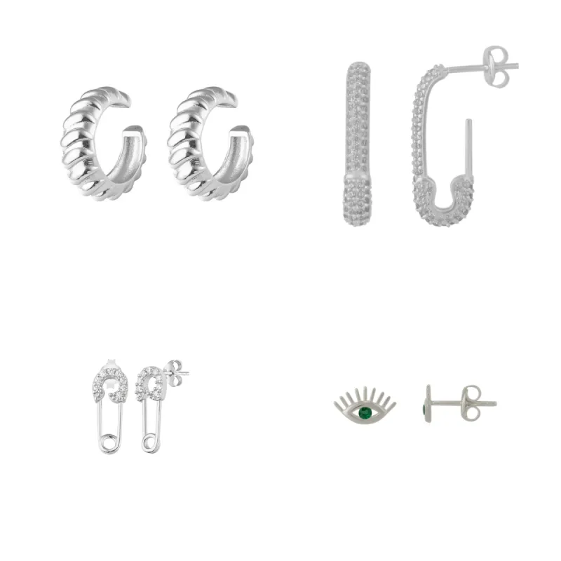 Sterling Silver Safety Pin Stud Croissant Ear Cuff and Emerald Evil Eye Earrings Set - Pair sold by Spero London