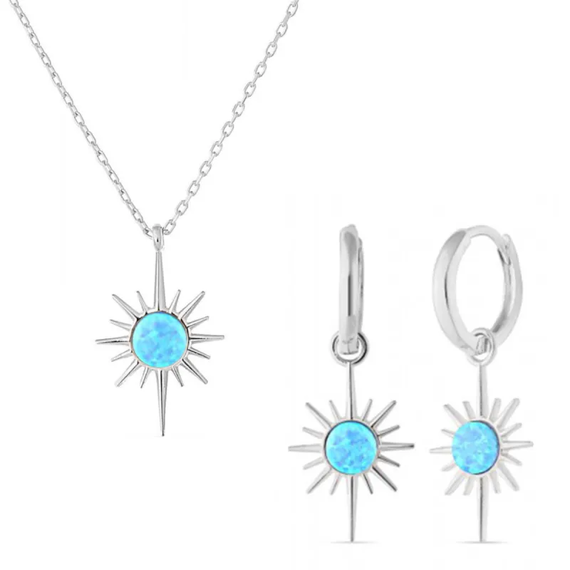 Blue Opal Northernstar Drop Hoop Earrings & Necklace Set in Sterling Silver sold by Spero London