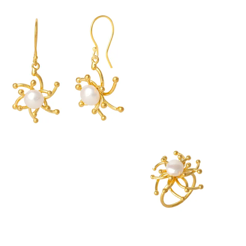 Pearl Sun Two Way Dripping Sunburst Sterling Silver Set Ring and Earrings sold by Spero London