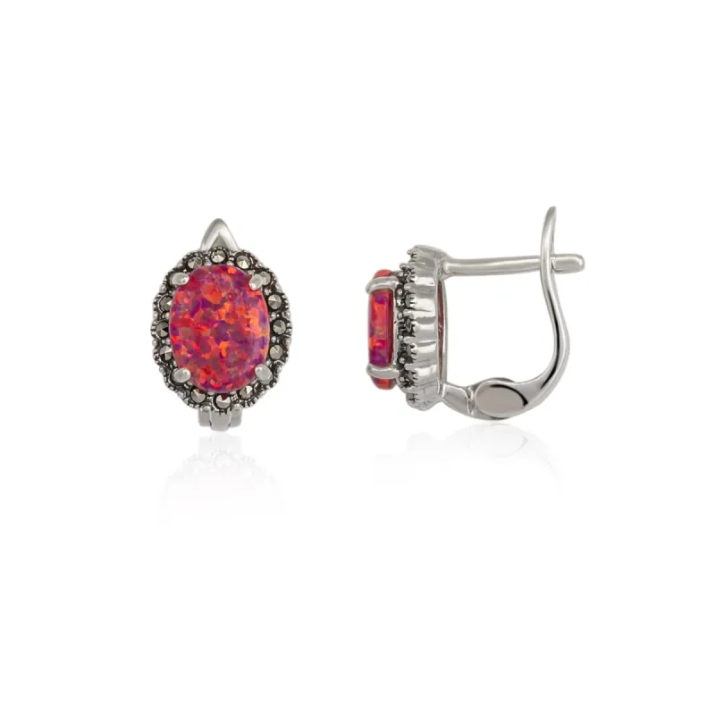 Oval Red Opal High Quality Sterling Silver Earrings made by Spero London