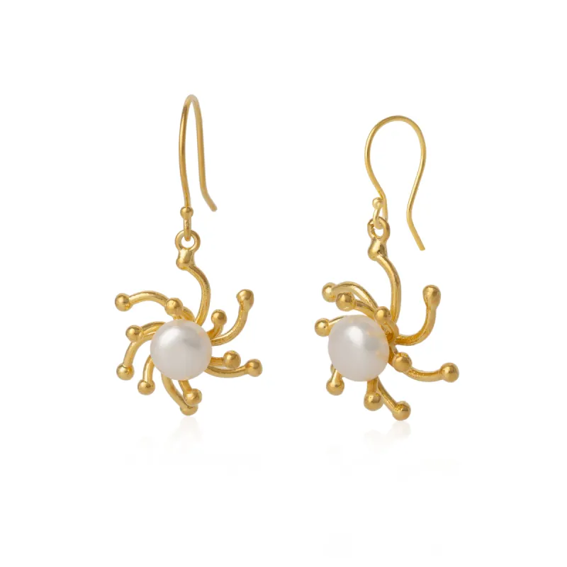 Pearl Sun Molten Dripping Sunburst Sterling Silver Drop Earrings sold by Spero London