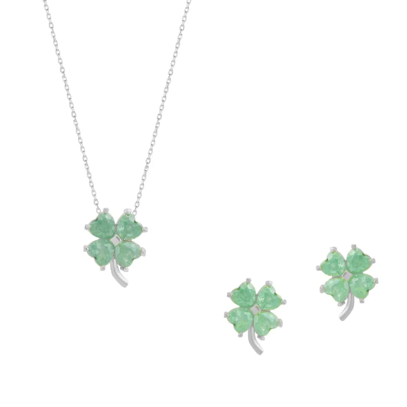 Four Leaves Clover Sterling Silver Earrings and Necklace Set in Green sold by Spero London