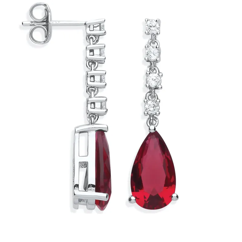 Ruby Red Pear Shape Cubic Zirconia Sterling Silver Drop Earrings sold by Spero London