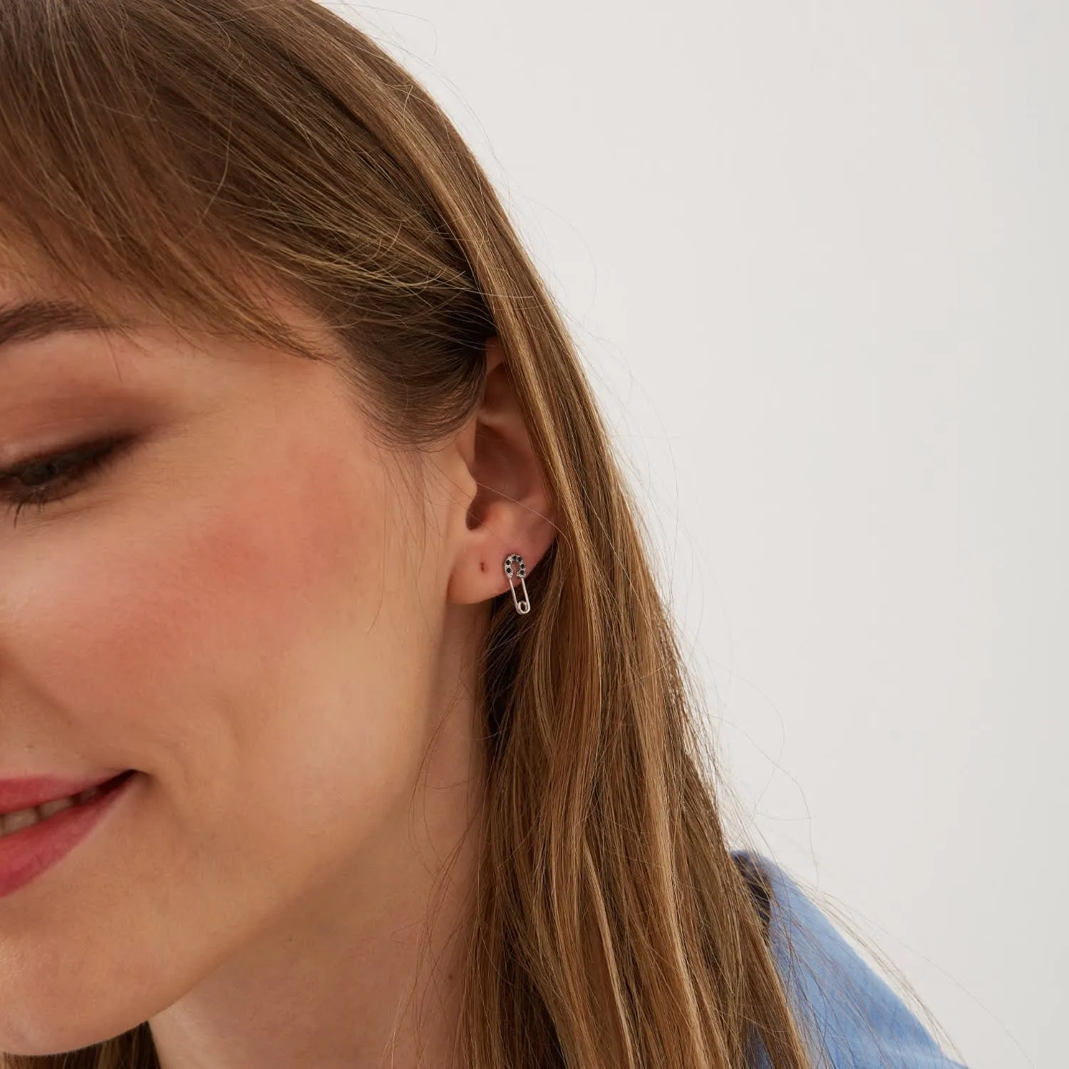 Sterling Silver Black Jewelled Mini Safety Pin Stud Earrings sold by Spero London product image thumbnail 4