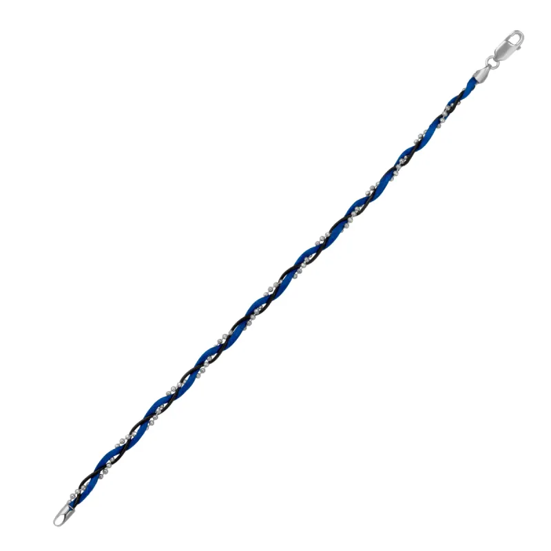 Navy Blue Braided Rope Sterling Silver Beaded Chain Bracelet sold by Spero London