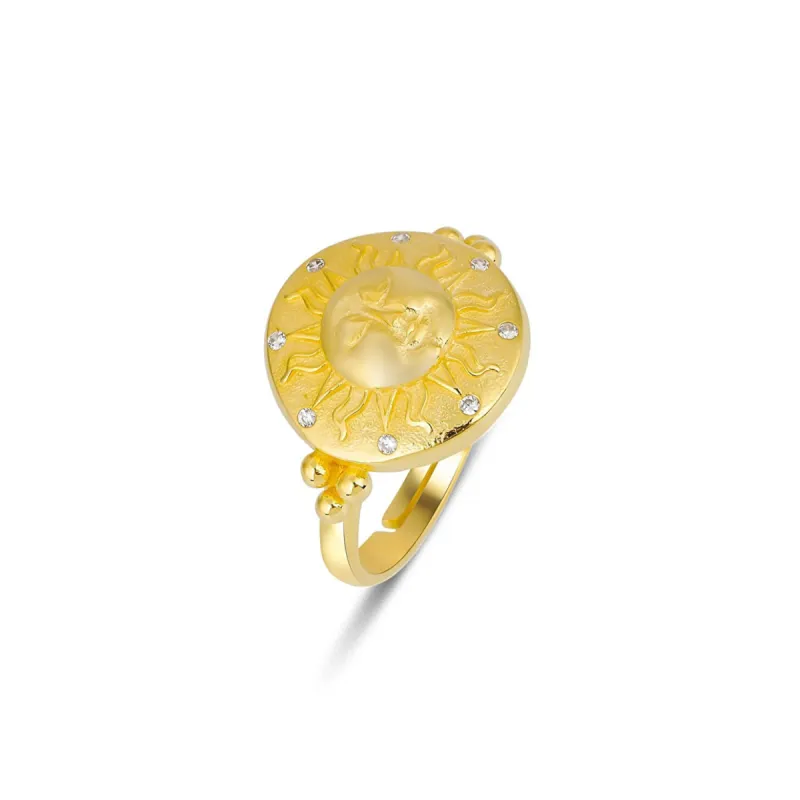 Sun Face Embossed Sterling Silver Medal Ring sold by Spero London
