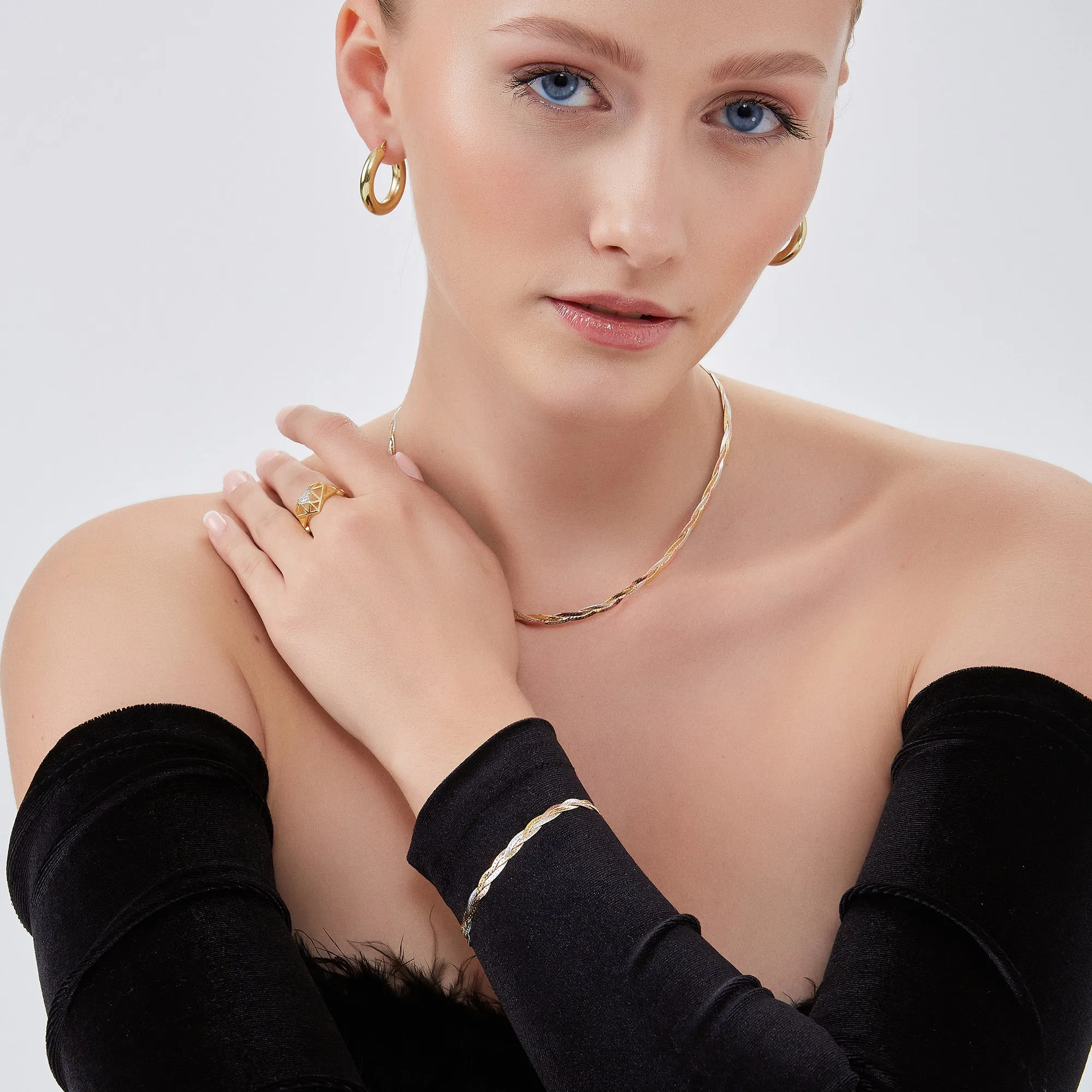 Gold Rose Gold and Silver Spiral Sterling Silver Flat Necklace and Bracelet Set sold by Spero London product image thumbnail 2