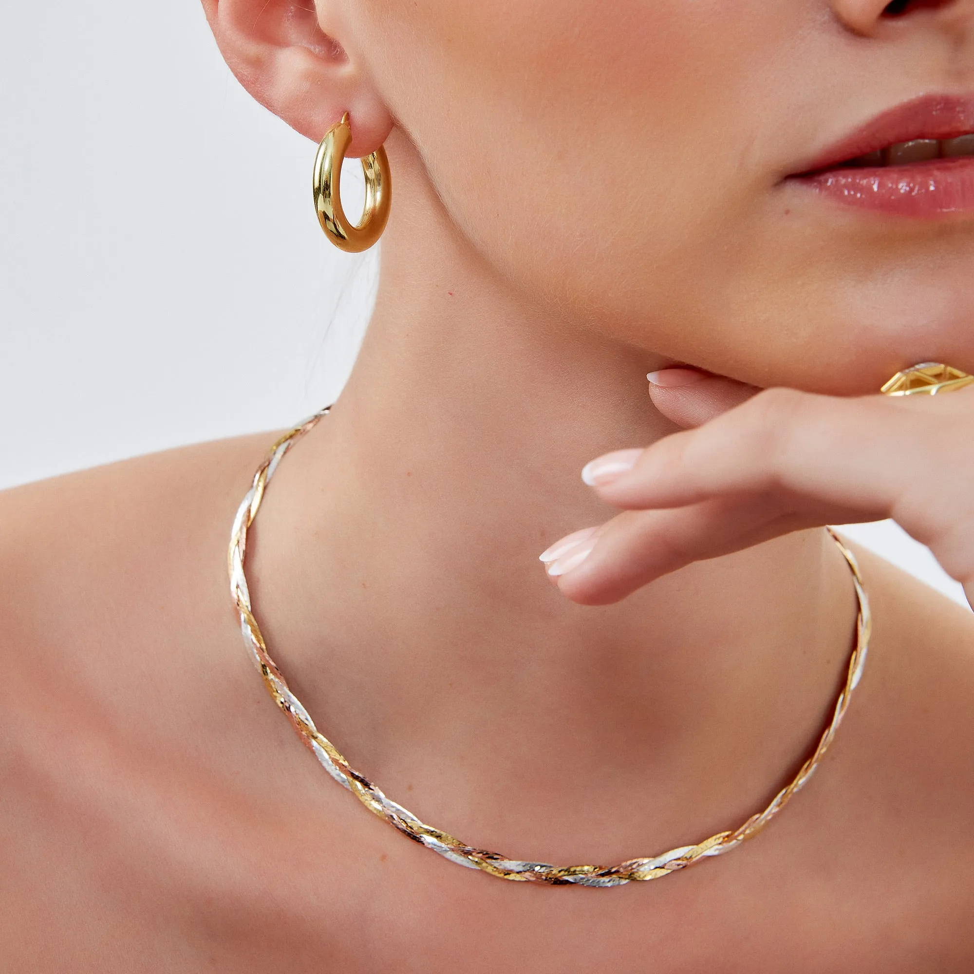 Gold Rose Gold and Silver Spiral Sterling Silver Flat Necklace and Bracelet Set sold by Spero London product image thumbnail 3