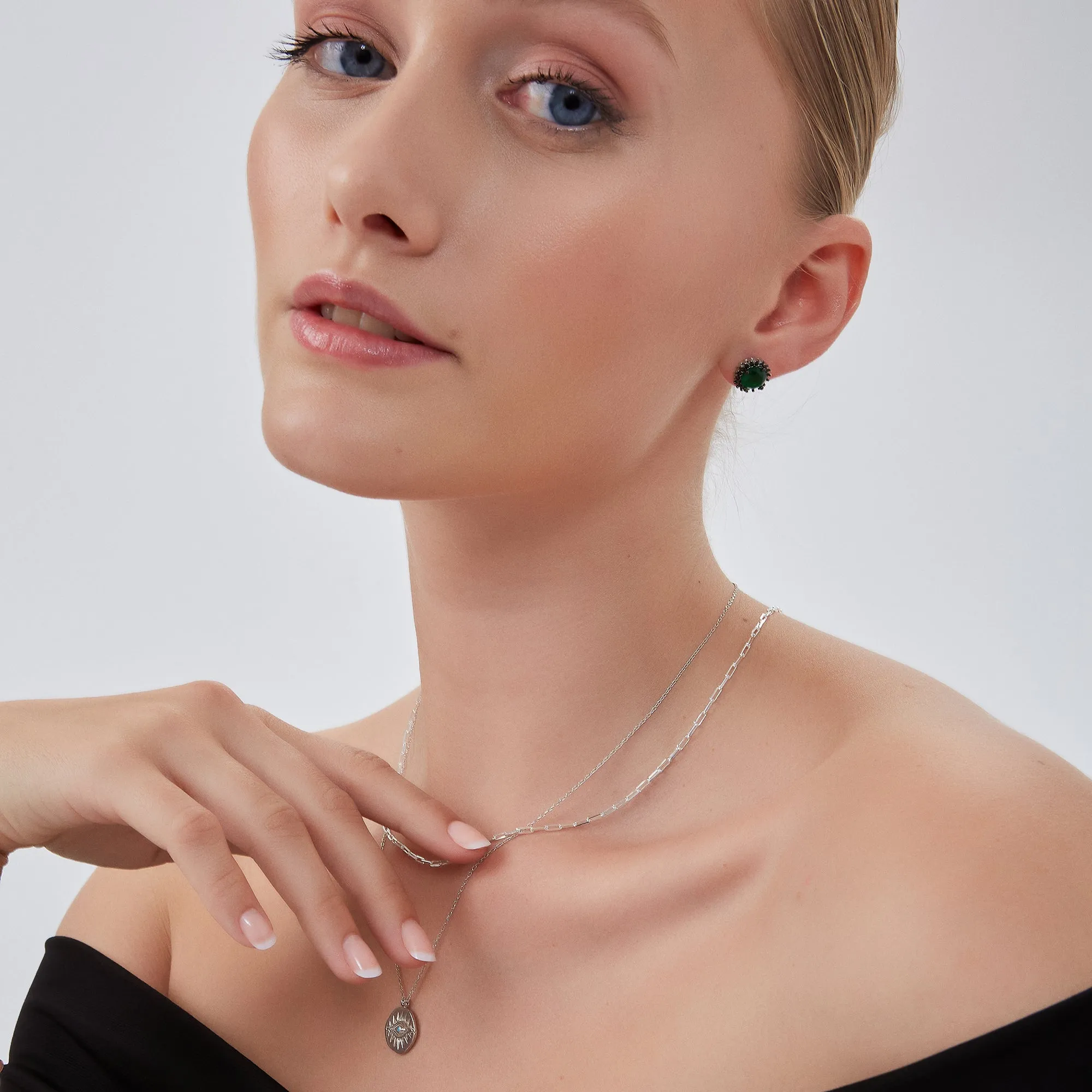 Black Emerald Color Double Halo Stud Earrings in Sterling Silver sold by Spero London product image thumbnail 4