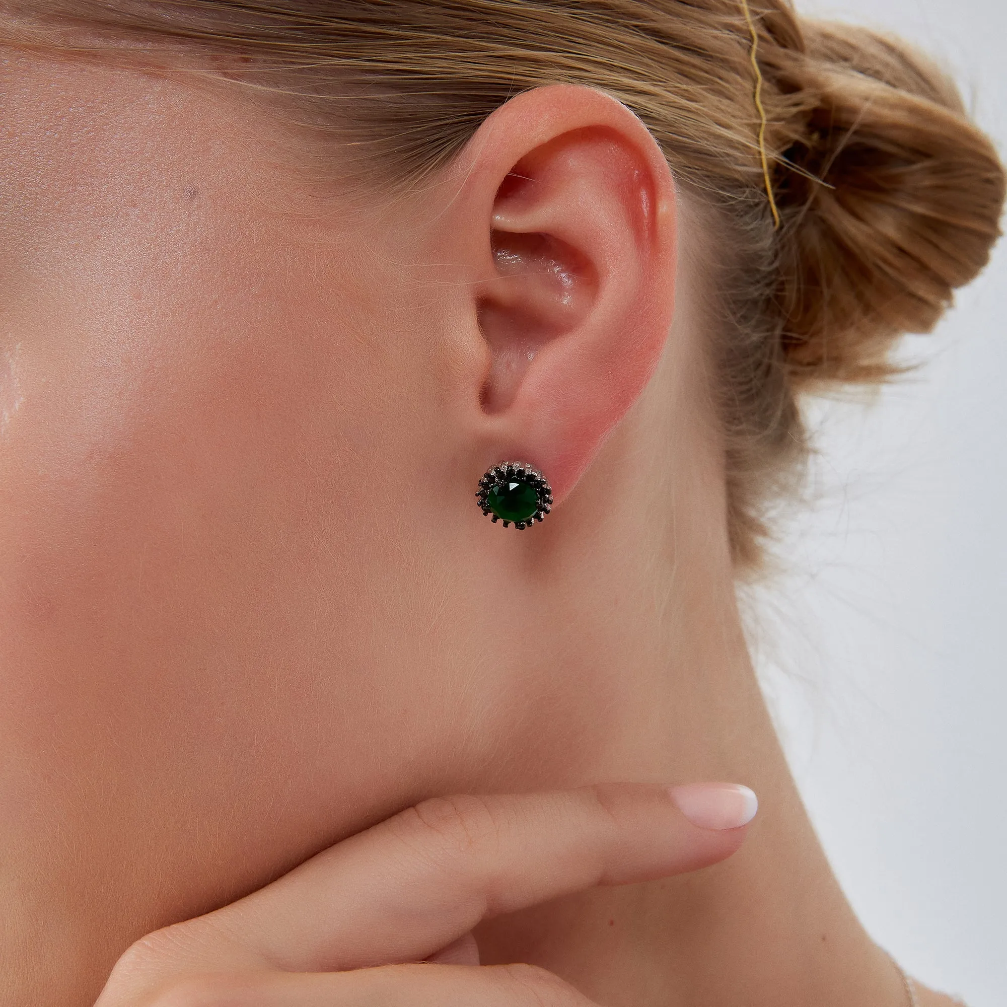 Black Emerald Color Double Halo Stud Earrings in Sterling Silver sold by Spero London product image thumbnail 2