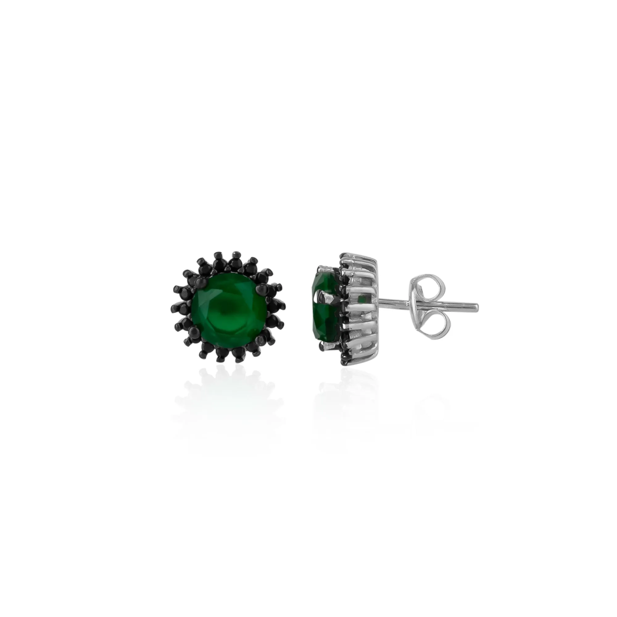 Black Emerald Color Double Halo Stud Earrings in Sterling Silver sold by Spero London