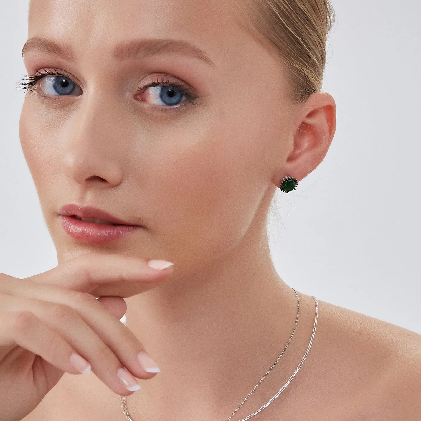 Black Emerald Color Double Halo Stud Earrings in Sterling Silver sold by Spero London product image thumbnail 3