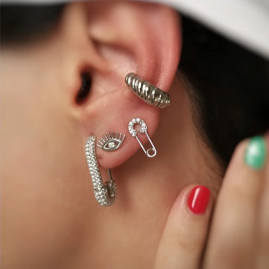 Sterling Silver Safety Pin Stud Croissant Ear Cuff and Evil Eye Earrings Set - Pair sold by Spero London product image thumbnail 2