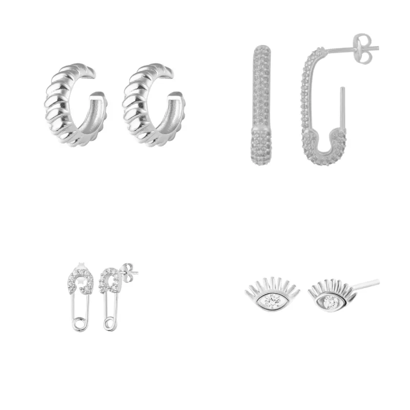 Sterling Silver Safety Pin Stud Croissant Ear Cuff and Evil Eye Earrings Set - Pair sold by Spero London