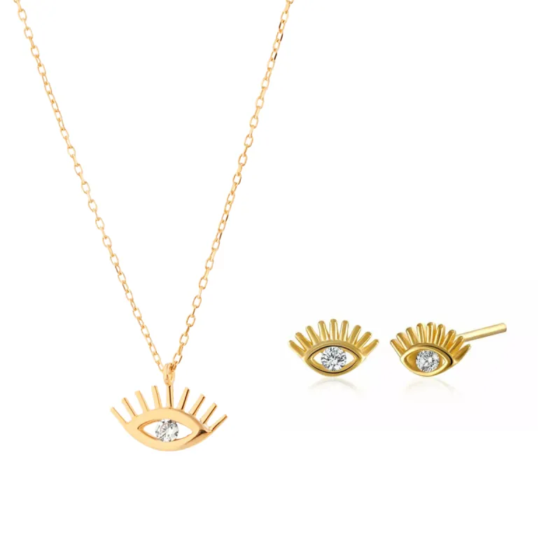 White Eye Evil Eye Sterling Silver Necklace and Studs Set sold by Spero London