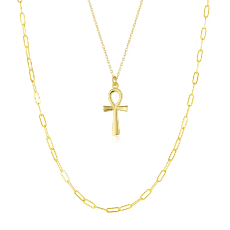 Sterling Silver Egyptian Ankh and Large Rectangular Chain Stacking Necklace Set sold by Spero London