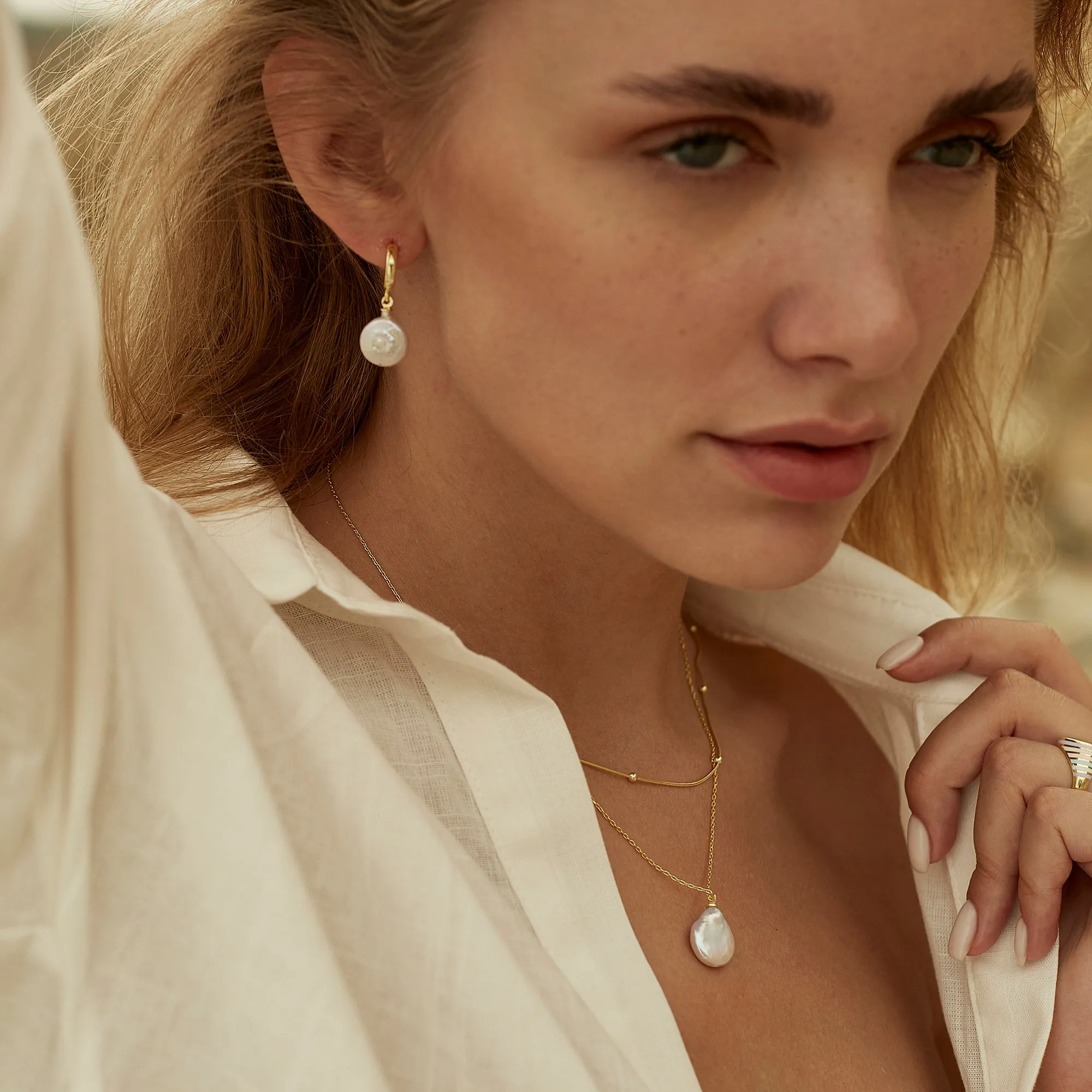 Baroque Flat Pearl Pendant Necklace and Earrings Sterling Silver Set sold by Spero London product image thumbnail 2