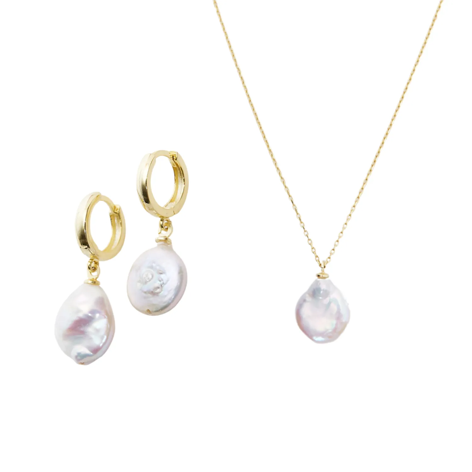 Baroque Flat Pearl Pendant Necklace and Earrings Sterling Silver Set sold by Spero London