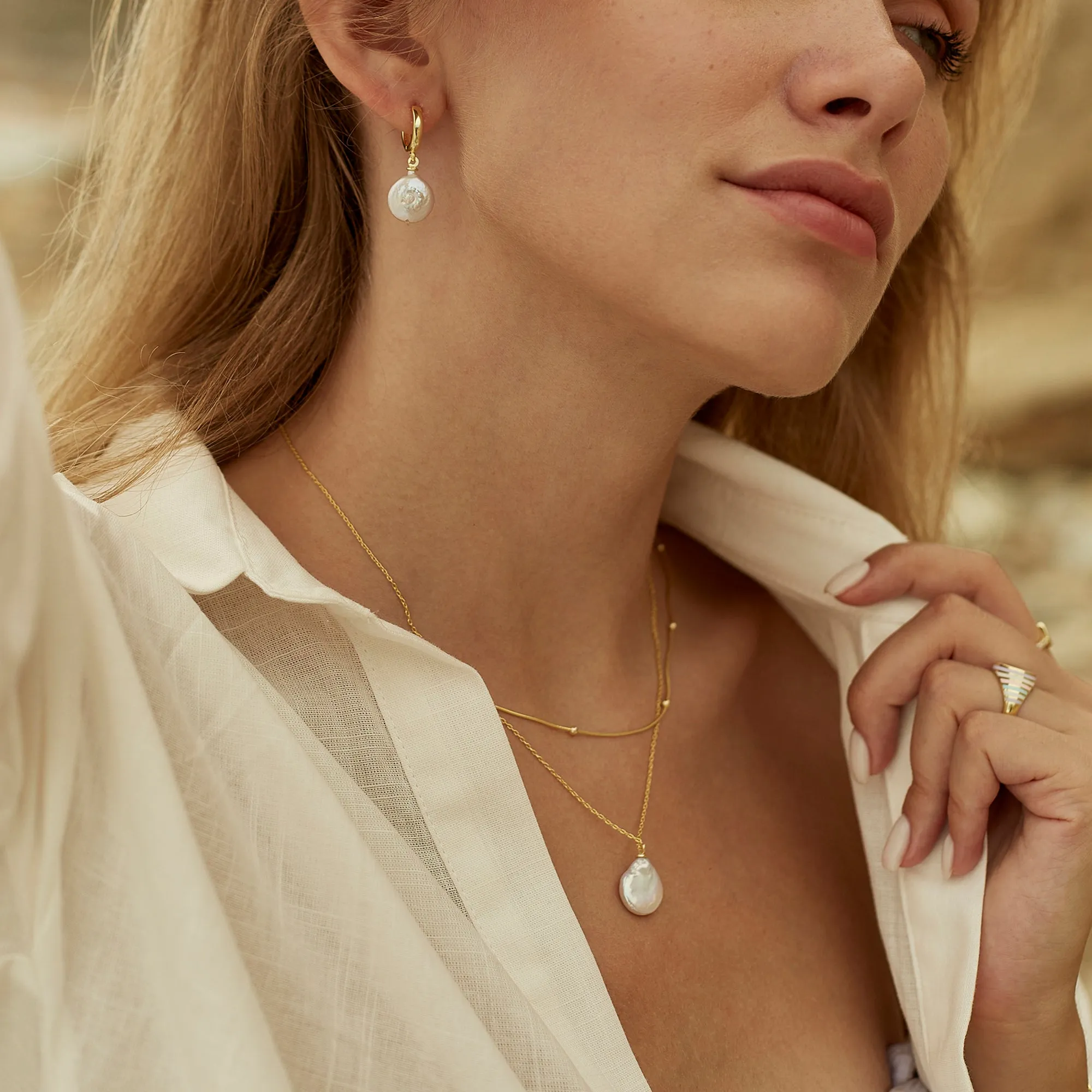 Baroque Flat Pearl Pendant Necklace and Earrings Sterling Silver Set sold by Spero London product image thumbnail 3