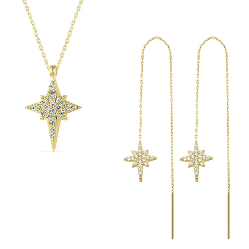 Northern Star Polaris Sterling Silver Necklace and Drop Chain Earring Set sold by Spero London