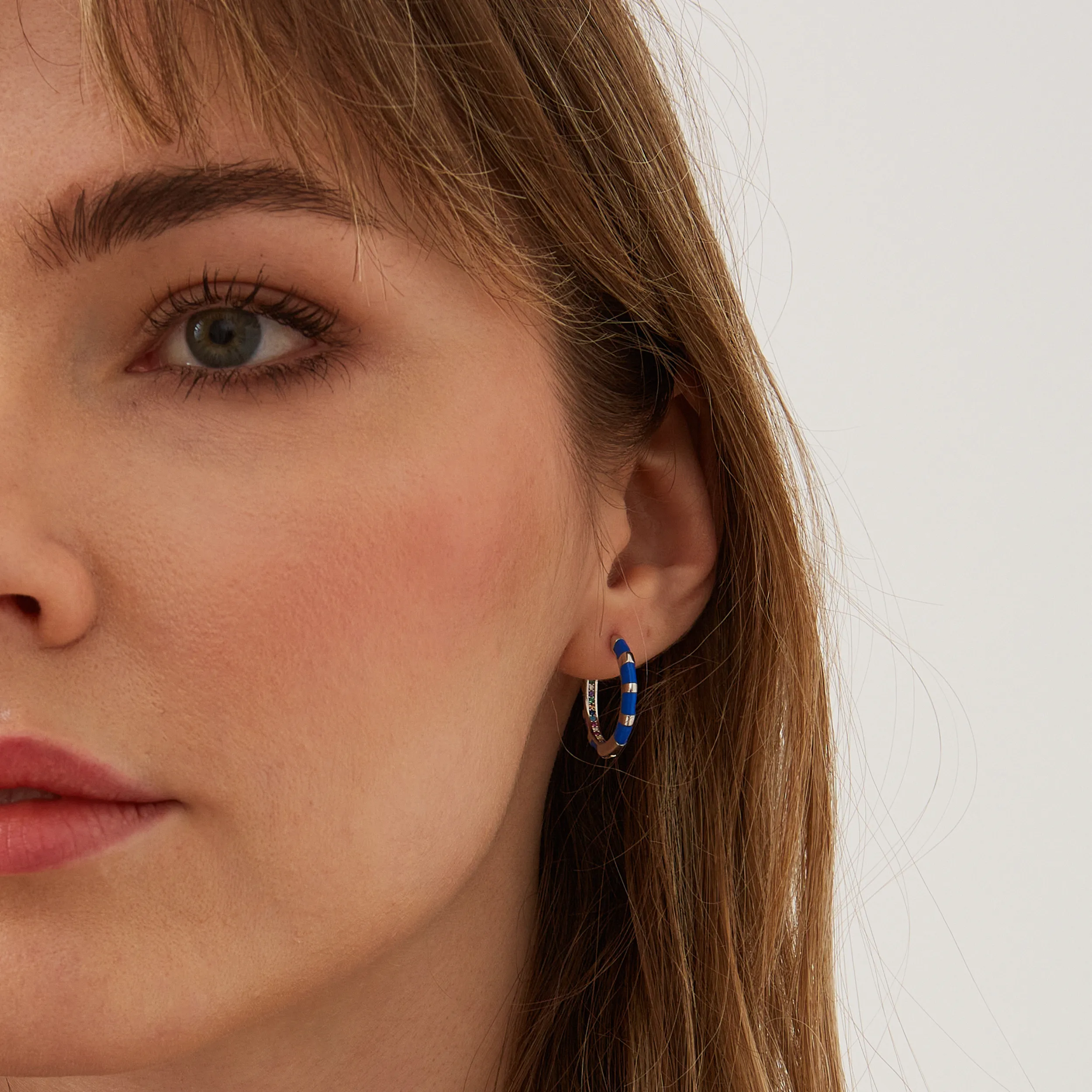 Enamel Blue Fine Stripe Sterling Silver Hoop Earrings With Multi Color Zirconia Interior sold by Spero London product image thumbnail 2