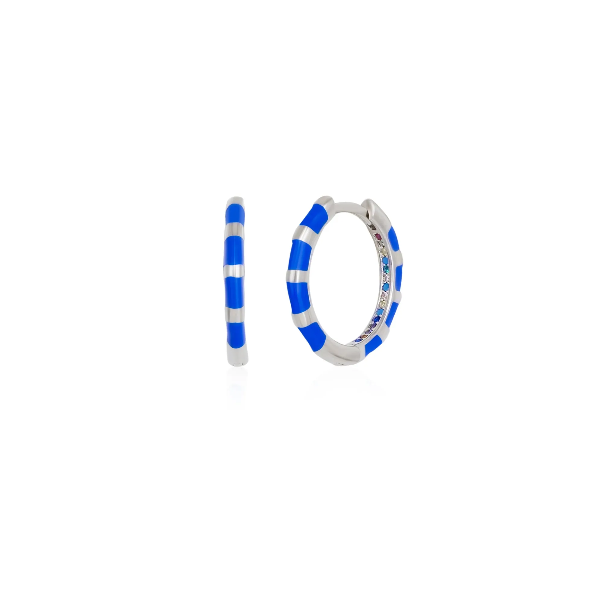 Enamel Blue Fine Stripe Sterling Silver Hoop Earrings With Multi Color Zirconia Interior sold by Spero London
