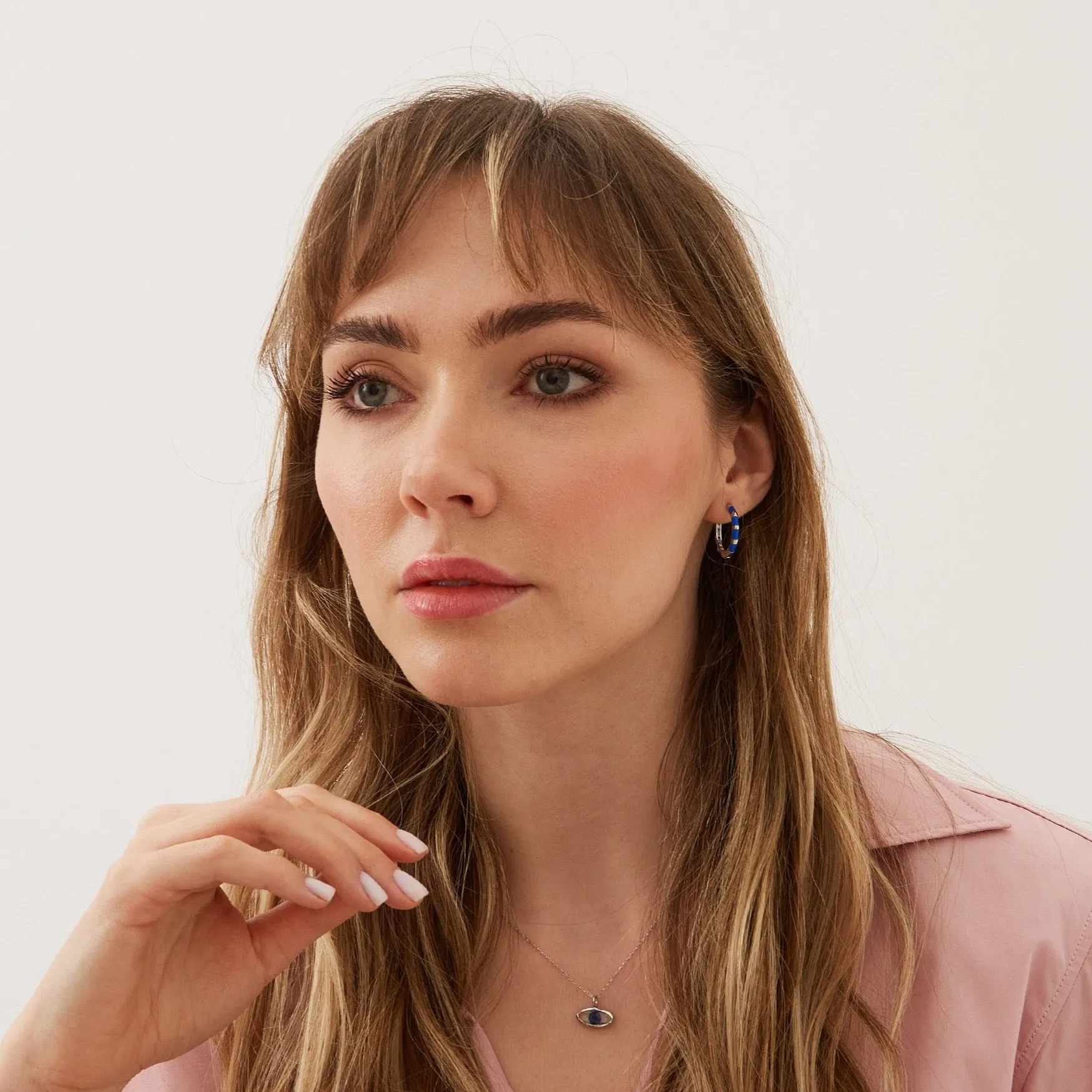 Enamel Blue Fine Stripe Sterling Silver Hoop Earrings With Multi Color Zirconia Interior sold by Spero London product image thumbnail 3