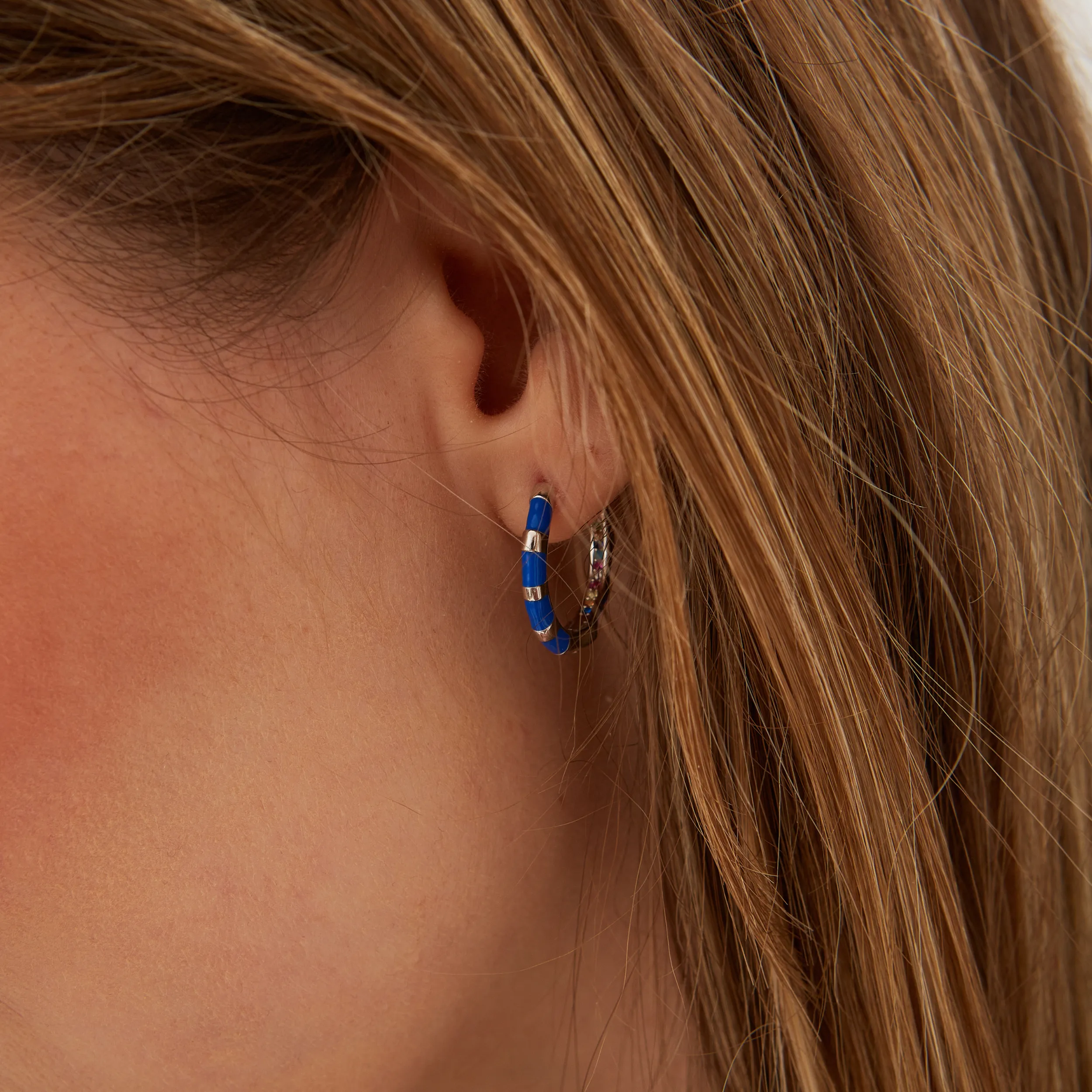 Enamel Blue Fine Stripe Sterling Silver Hoop Earrings With Multi Color Zirconia Interior sold by Spero London product image thumbnail 5