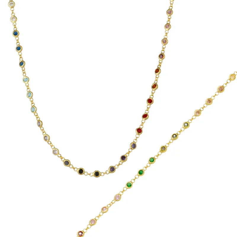 Colourful Rainbow Jewelled Sterling Silver Chain Necklace and Bracelet Set sold by Spero London