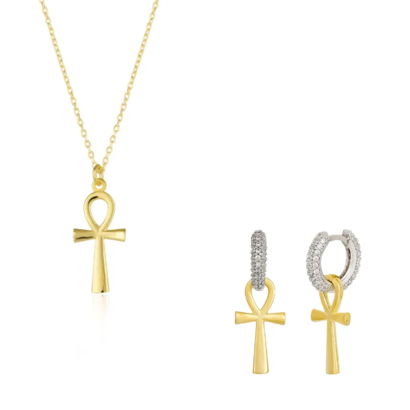 Sterling Silver Egyptian Ankh Necklace and Earring Set made by Spero London