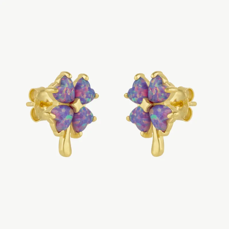 Pink Purple Opal Four Leaves Clover Sterling Silver Stud Earrings sold by Spero London