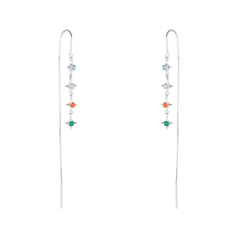 Multicolour Star Drop Sterling Silver Chain Threader Earrings - Pair sold by Spero London