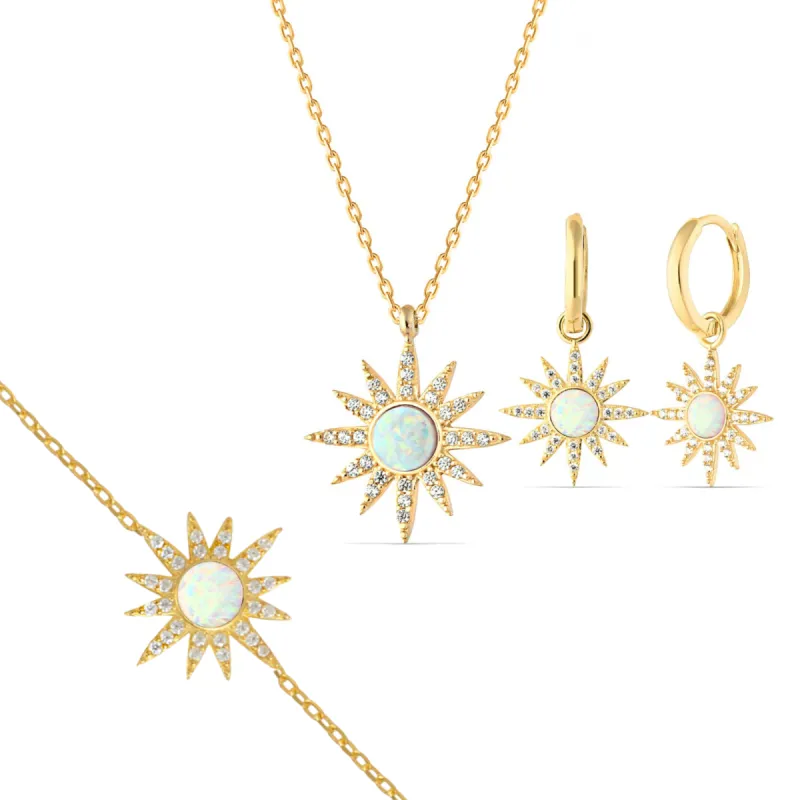 White Opal Sun Sterling Silver Necklace Earrings and Bracelet Set sold by Spero London