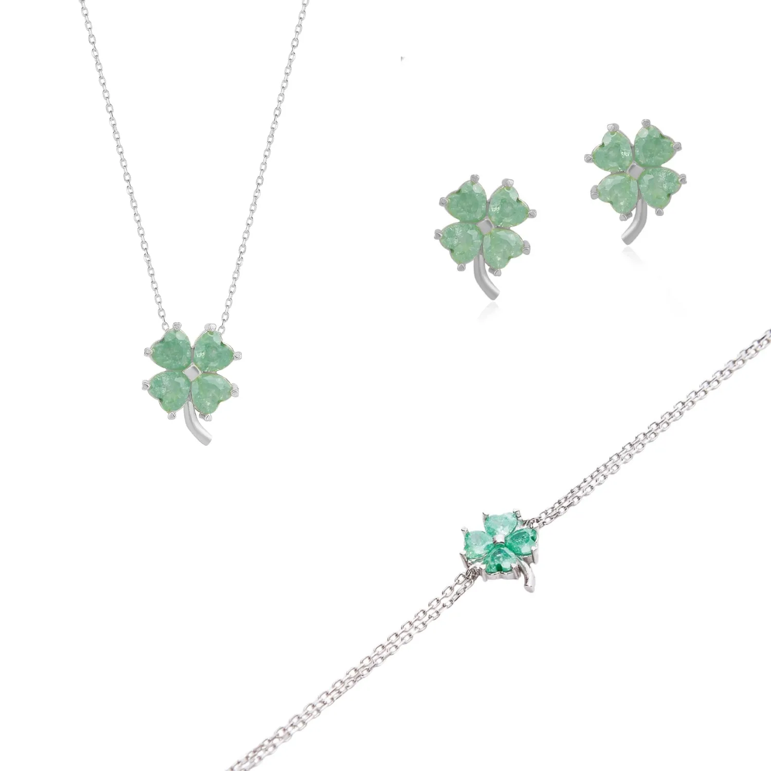 Best of Luck Four Leaves Clover Sterling Silver Bracelet Necklace and Stud Earrings Set sold by Spero London