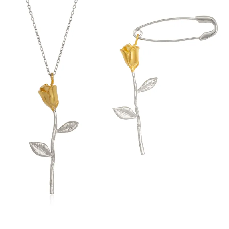 Gold Color Rose Sterling Silver Necklace and Safety Pin Earring Set sold by Spero London