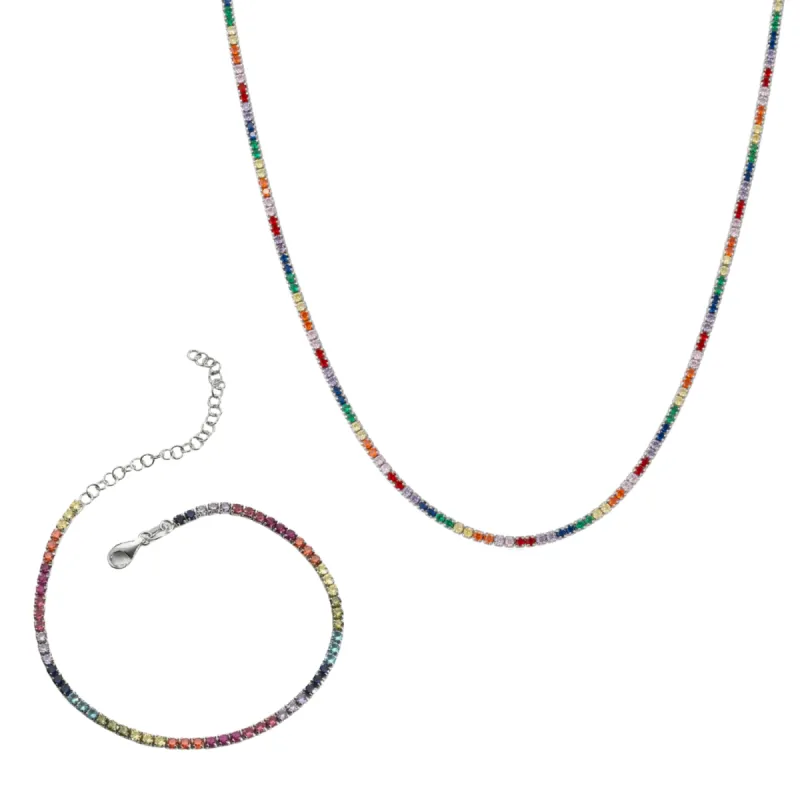 Rainbow Tennis Necklace and Bracelet Set Sterling Silver sold by Spero London