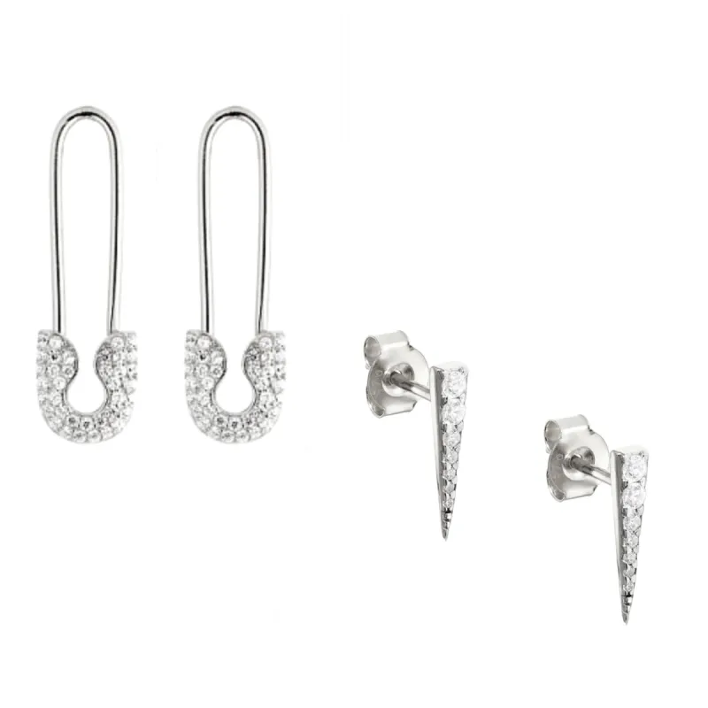 Long Pave Dagger Stud and Pave Safety Pin Earrings Set sold by Spero London