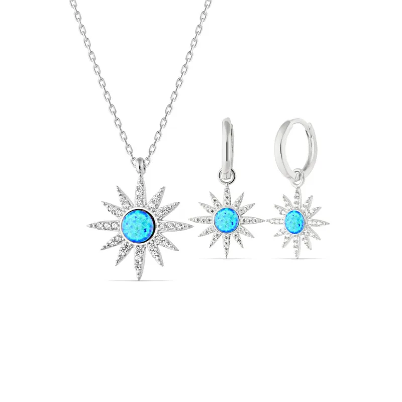 Blue Opal Sun Sterling Silver Necklace and Earring Set sold by Spero London