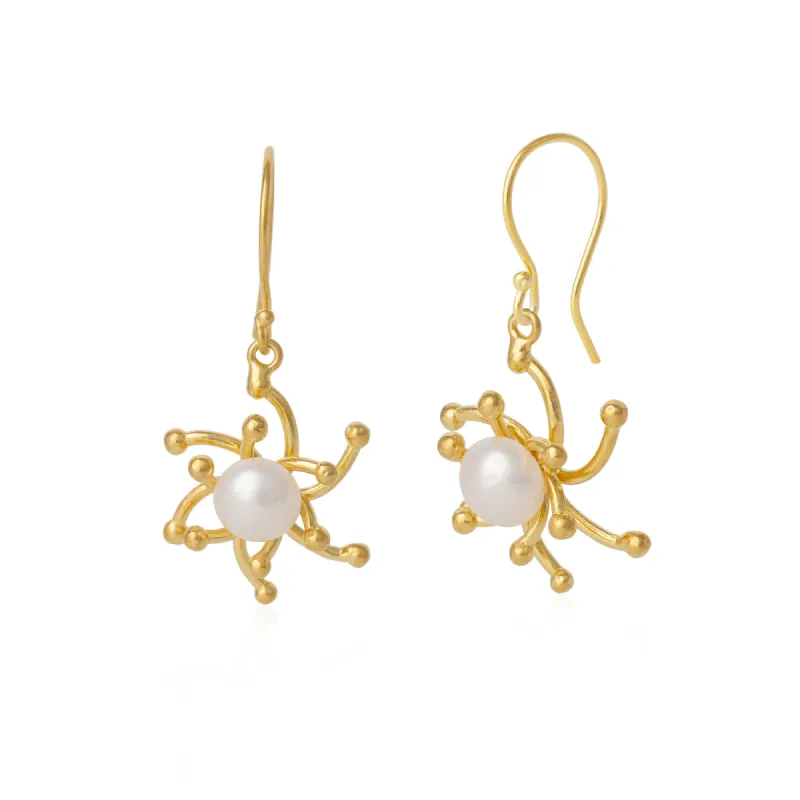 Pearl Sun 2 Way Molten Dripping Sunburst Sterling Silver Drop Earrings sold by Spero London