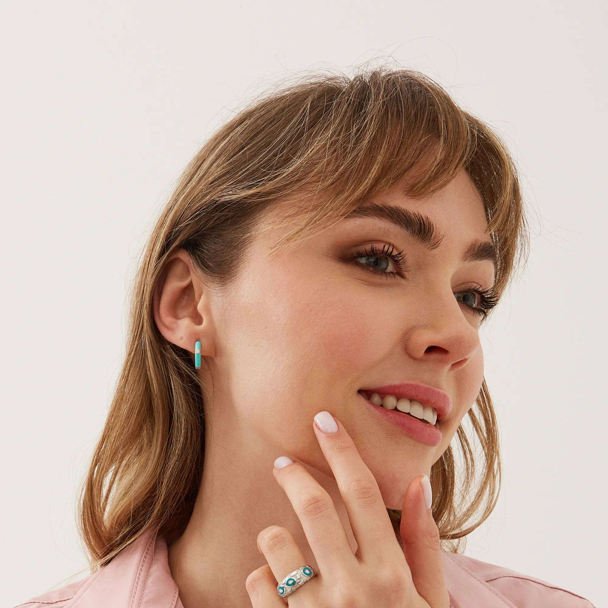 Turquoise Enamelled Jewelled Sterling Silver Hoops sold by Spero London product image thumbnail 3