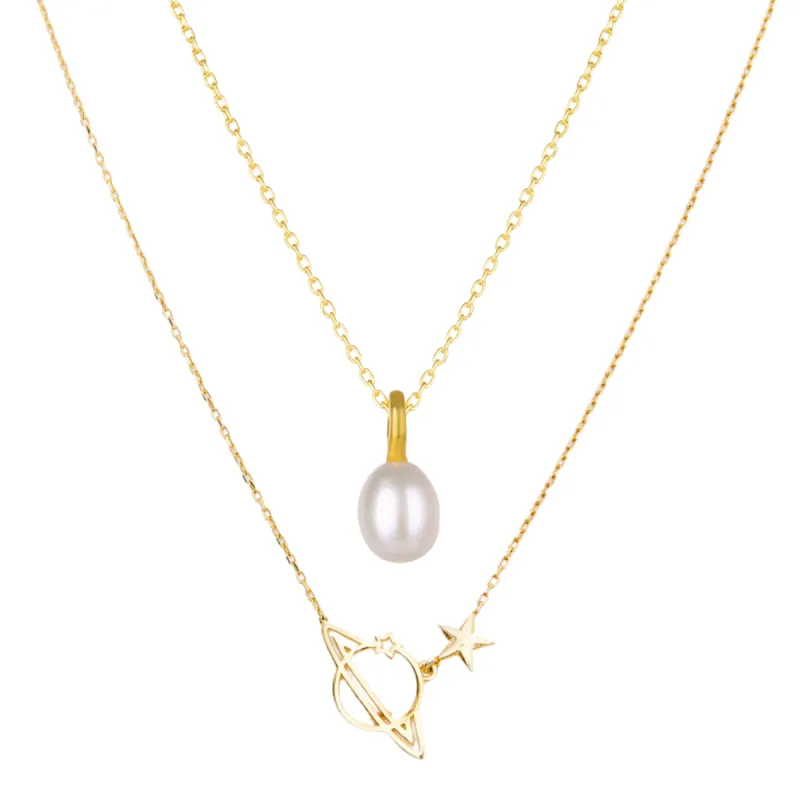 Treasures Baroque Seed Pearl and Saturn Pendant Sterling Silver Necklace Set sold by Spero London